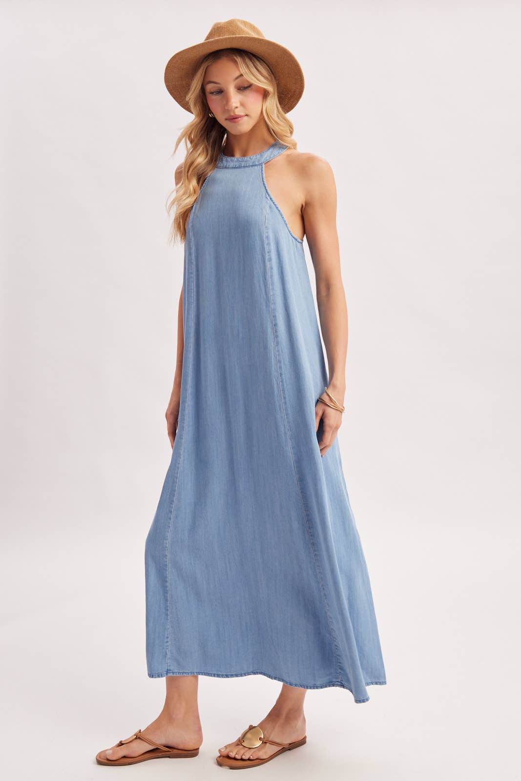 WASHED DENIM HALTER MAXI DRESS