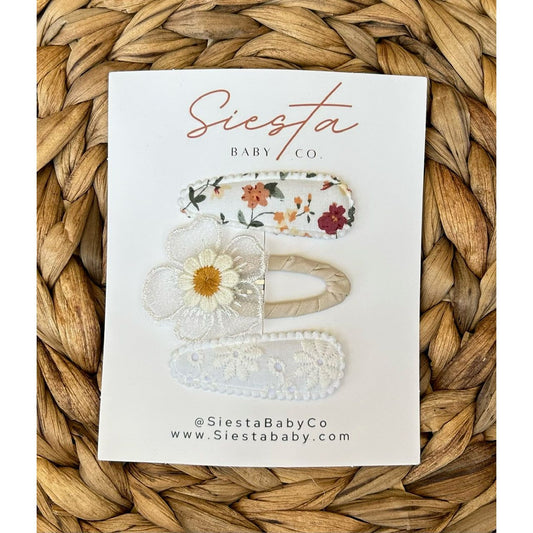 3 Pack Barrettes- White & Floral