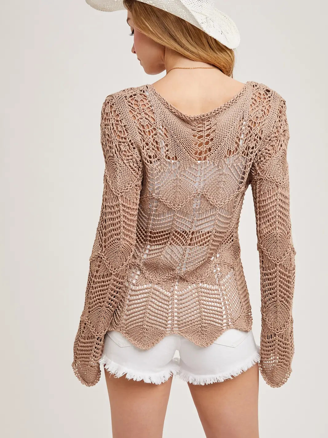 Mocha Scallop Hem Open-Knit Pullover